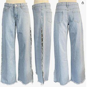 Women Blue Denim Wide Leg Side Slit Jeans W/Rhinestones Raw Hem 30Wx33L Rise 10"